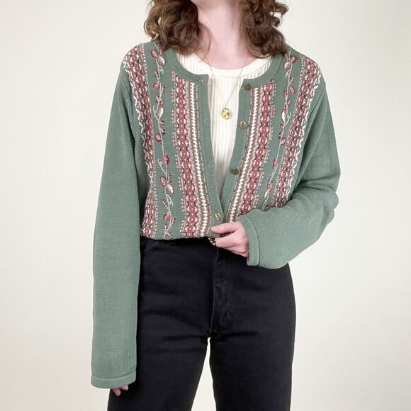 Vintage Embroidered Fair Isle Oversized Cardigan Sweater Fall Winter Cozy Long - Picture 2 of 7